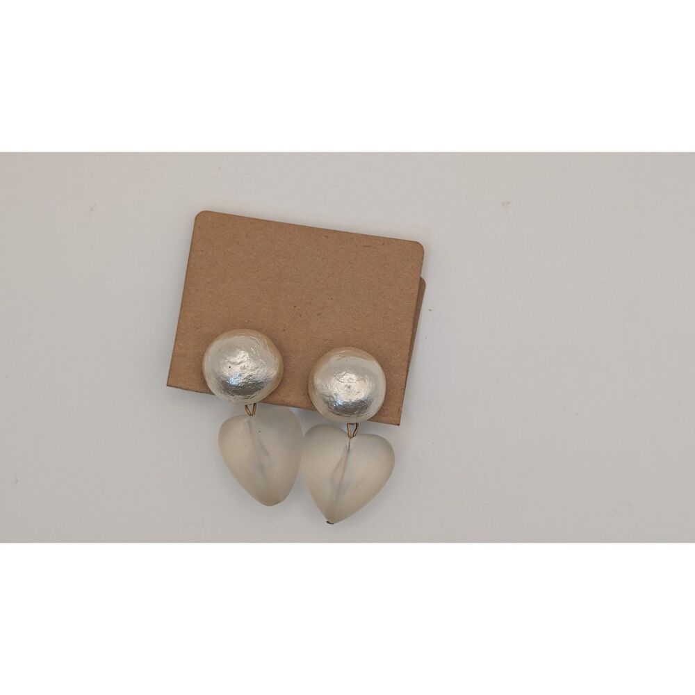 Vintage Style Silver Tone Stud Earrings with Frosted Heart Dangle Clip On